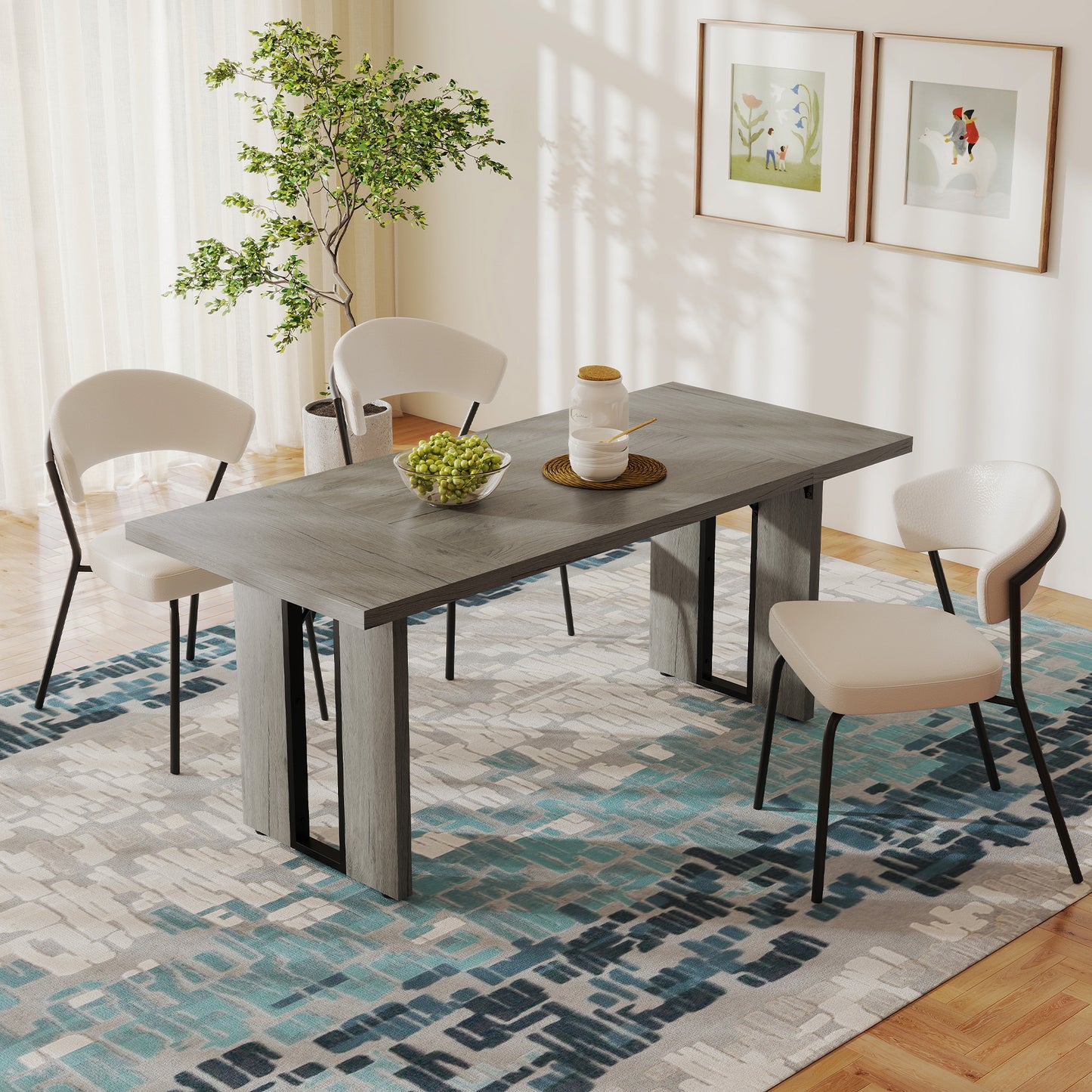 Table de cuisine industrielle pour 8 personnes avec plateau épais, finition bois gris