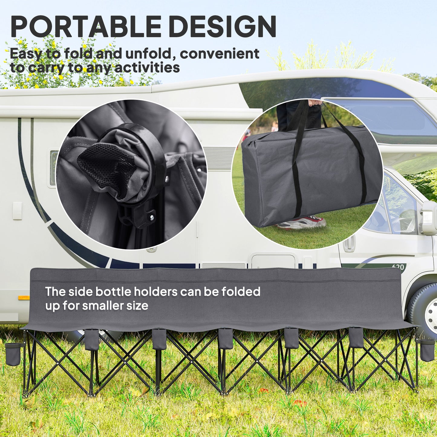 Chaise de camping pliante 6 places avec porte-gobelet et housse de transport pour camping, pique-nique et événements sportifs, gris foncé