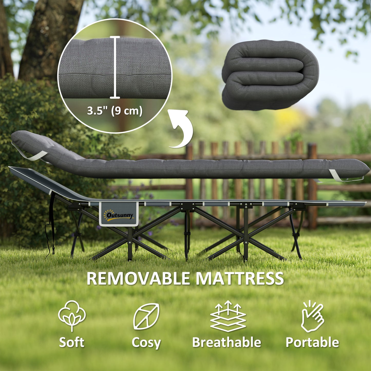 Lit pliant Outsunny de 68 cm de large, lit de camp pour adultes avec matelas, sac de transport, charge maximale 150 kg, gris foncé