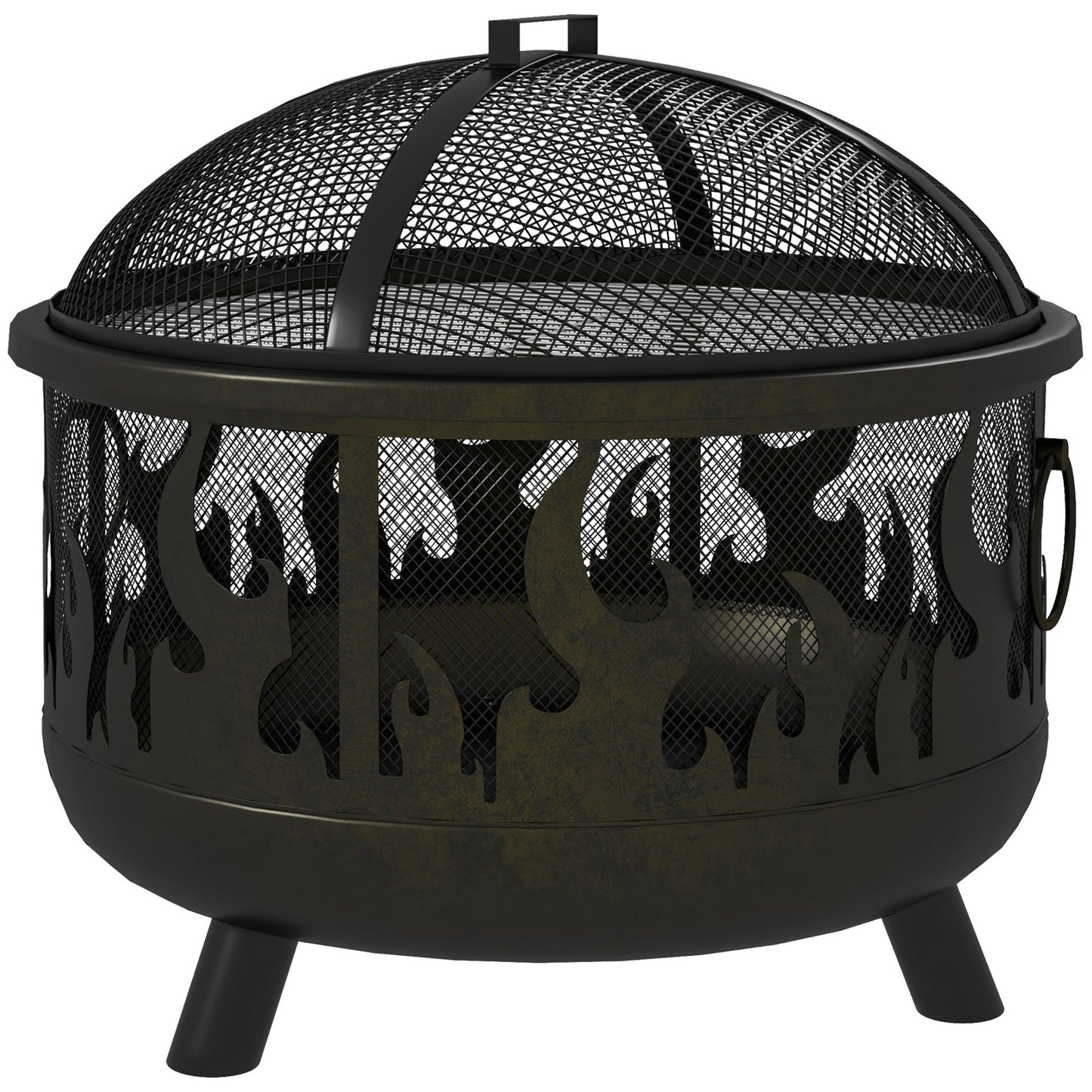 Foyer d'extérieur en métal rond de 61 cm avec couvercle et poignées de barbecue pour jardin, camping, barbecue, feu de joie, noir