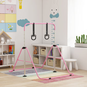 Barre de gymnastique pliable et réglable en hauteur avec anneaux, rose