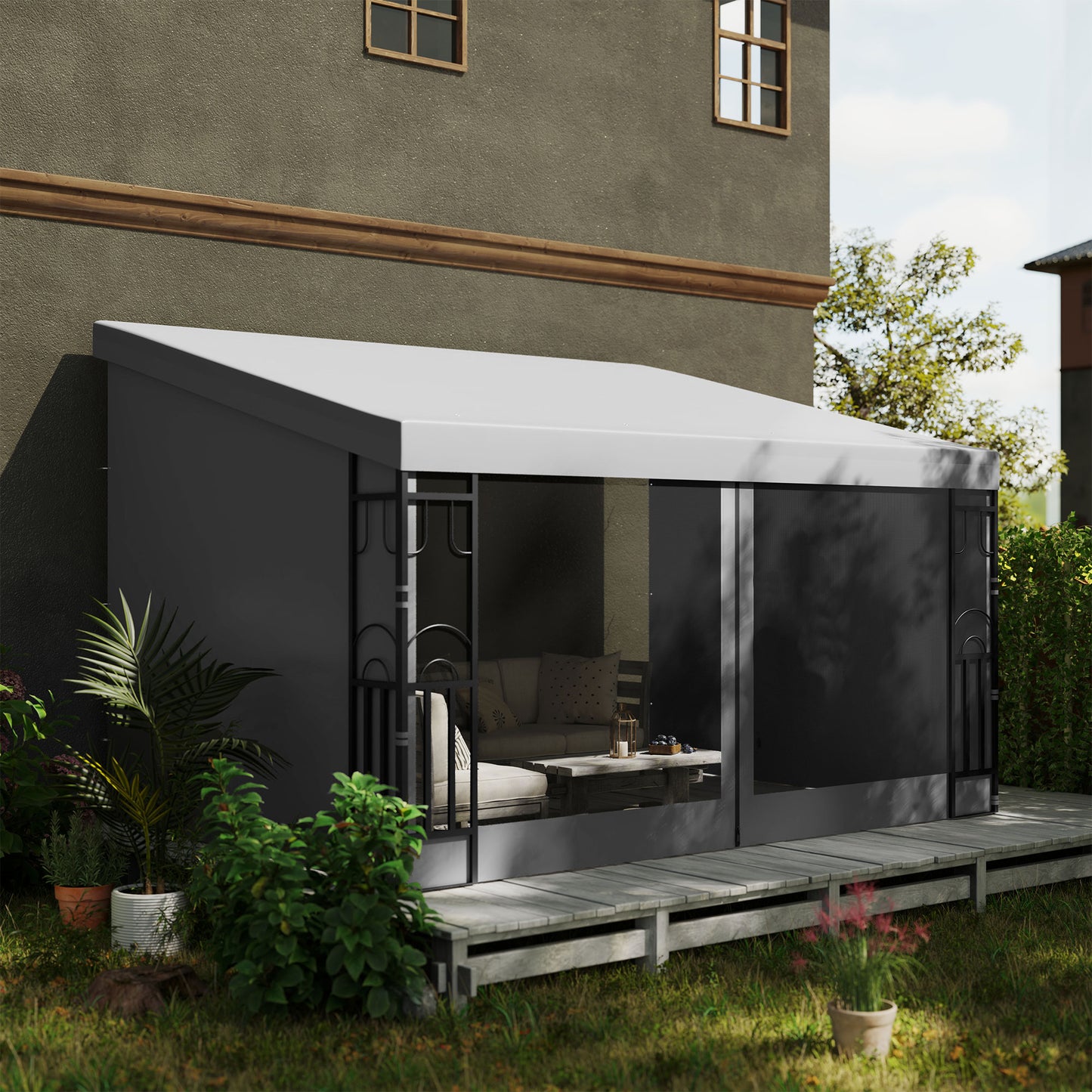Pergola murale 10' x 13' avec 2 rideaux et 2 filets, résistante aux UV, pour terrasse, gris clair