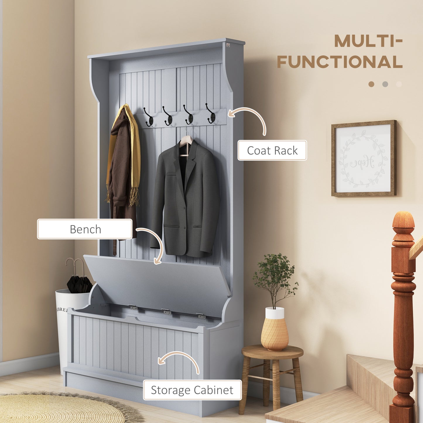 Meuble d'entrée moderne 3 en 1 avec porte-manteau, banc et rangement à chaussures, 5 crochets pour couloir et salon, gris