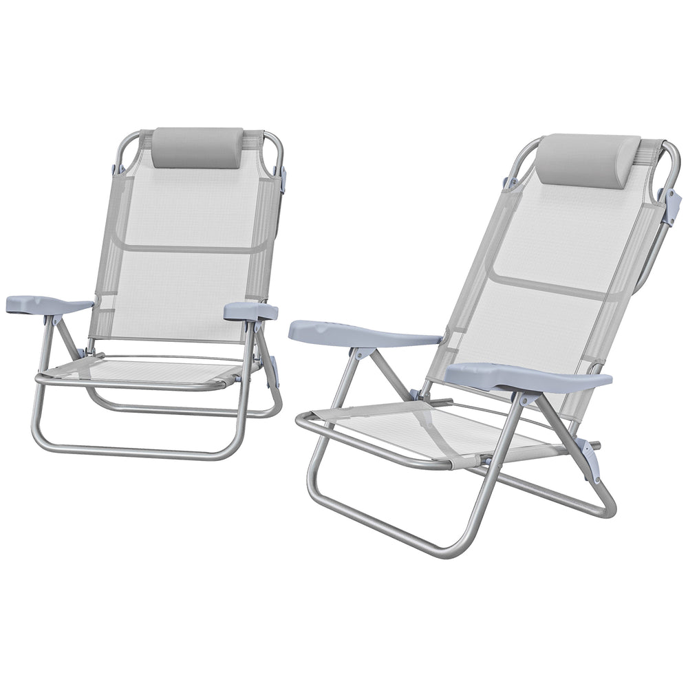 Lot de 2 chaises de plage, chaises de camping avec dossier et appui-tête réglables, gris clair