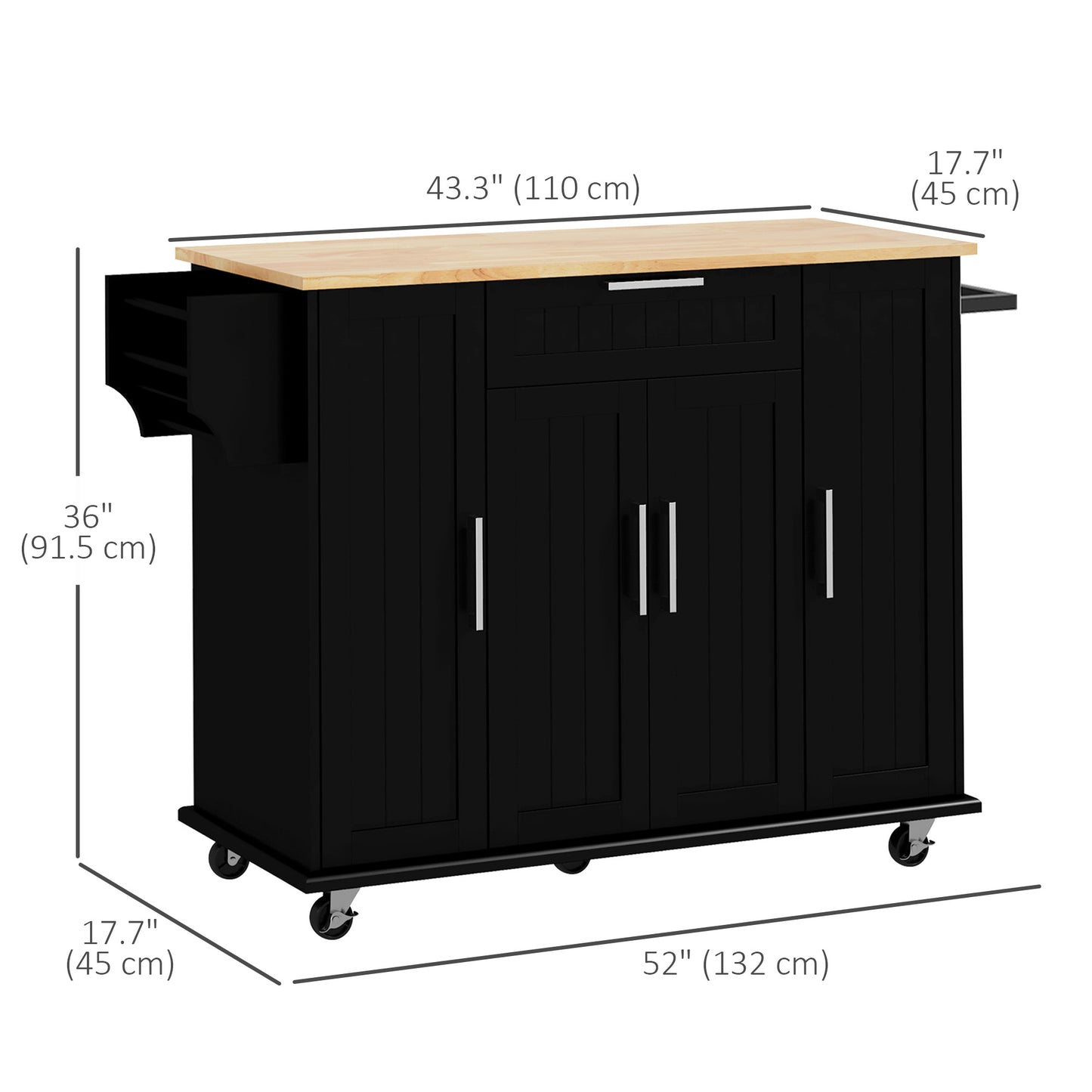 Desserte de cuisine moderne à roulettes avec tiroirs, plateau en bois naturel, porte-serviettes, armoire de rangement à porte, noir