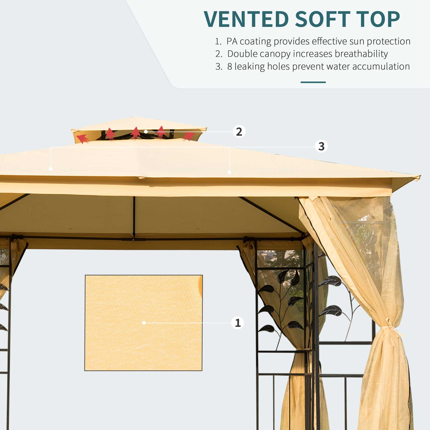 10'x10' Soft Steel Gazebo with Two-Tier Polyester Roof and Curtain Sidewalls, Beige