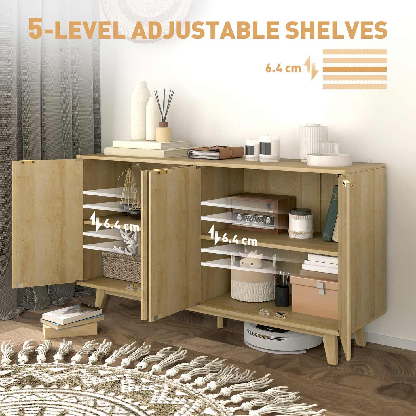 HOMCOM fluted sideboard, 140 cm bar cabinet, 4 doors, 2 adjustable shelves, 5 wooden legs, natural wood