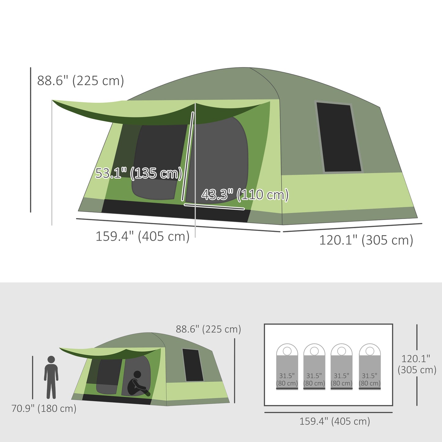 Outsunny Tunnel Tent with Porch, Two Rooms, Lamp Hook, Portable Carry Bag, Green