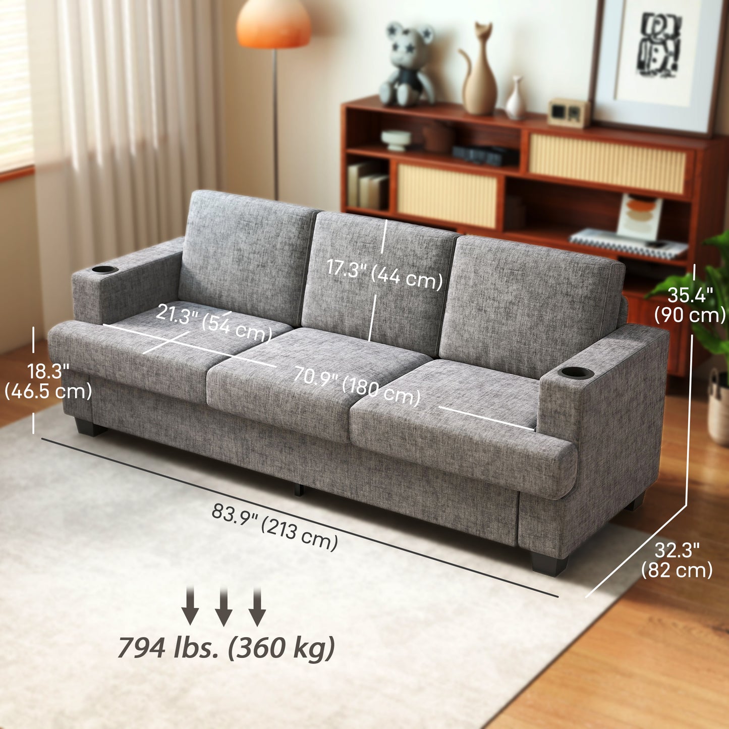 Canapé 3 places avec ports USB et porte-gobelets, gris