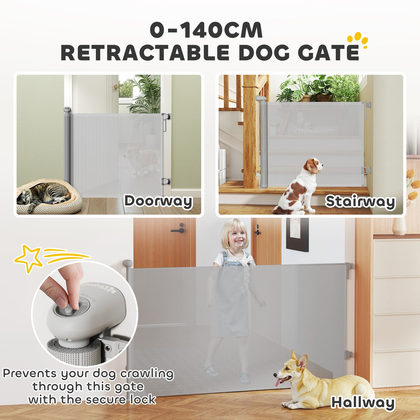 Retractable barrier extendable up to 140 cm wide and 86 cm high, for stairs, doors, corridors, interior and exterior, gray