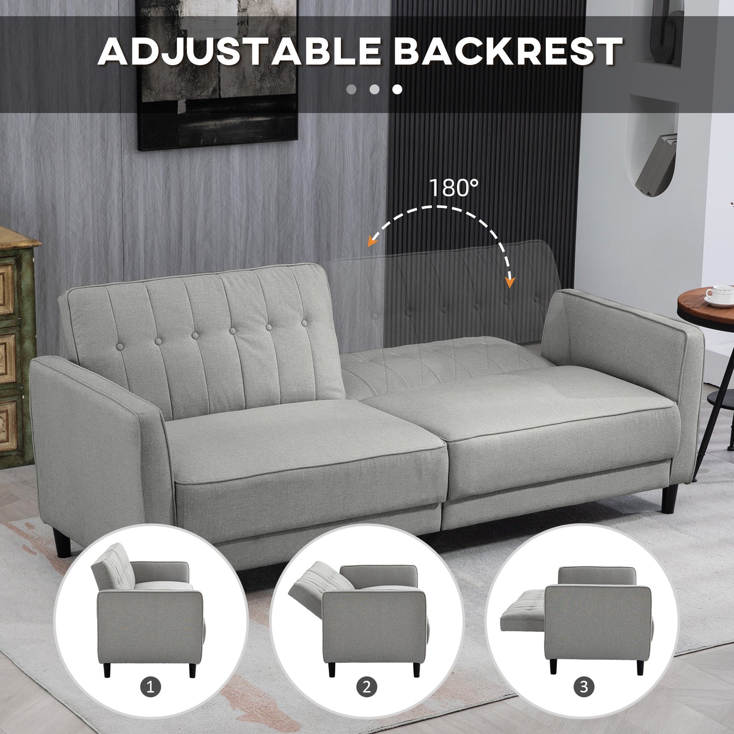 Canapé-lit convertible en tissu capitonné avec dossier réglable pour salon, gris