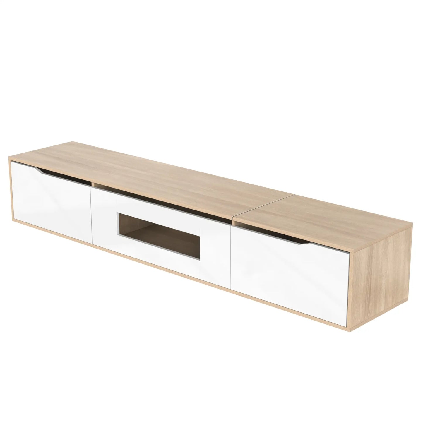 Meuble TV brillant avec éclairage LED, design moderne et options de montage polyvalentes, blanc et bois