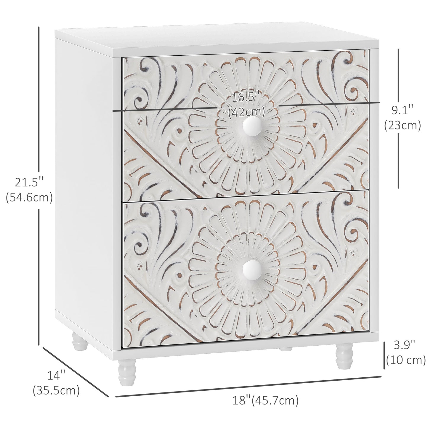 Table de chevet style milieu de siècle avec 2 tiroirs pour chambre à coucher, blanche