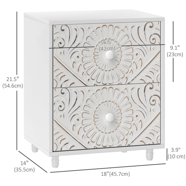 Table de chevet style mid century avec 2 tiroirs, blanche