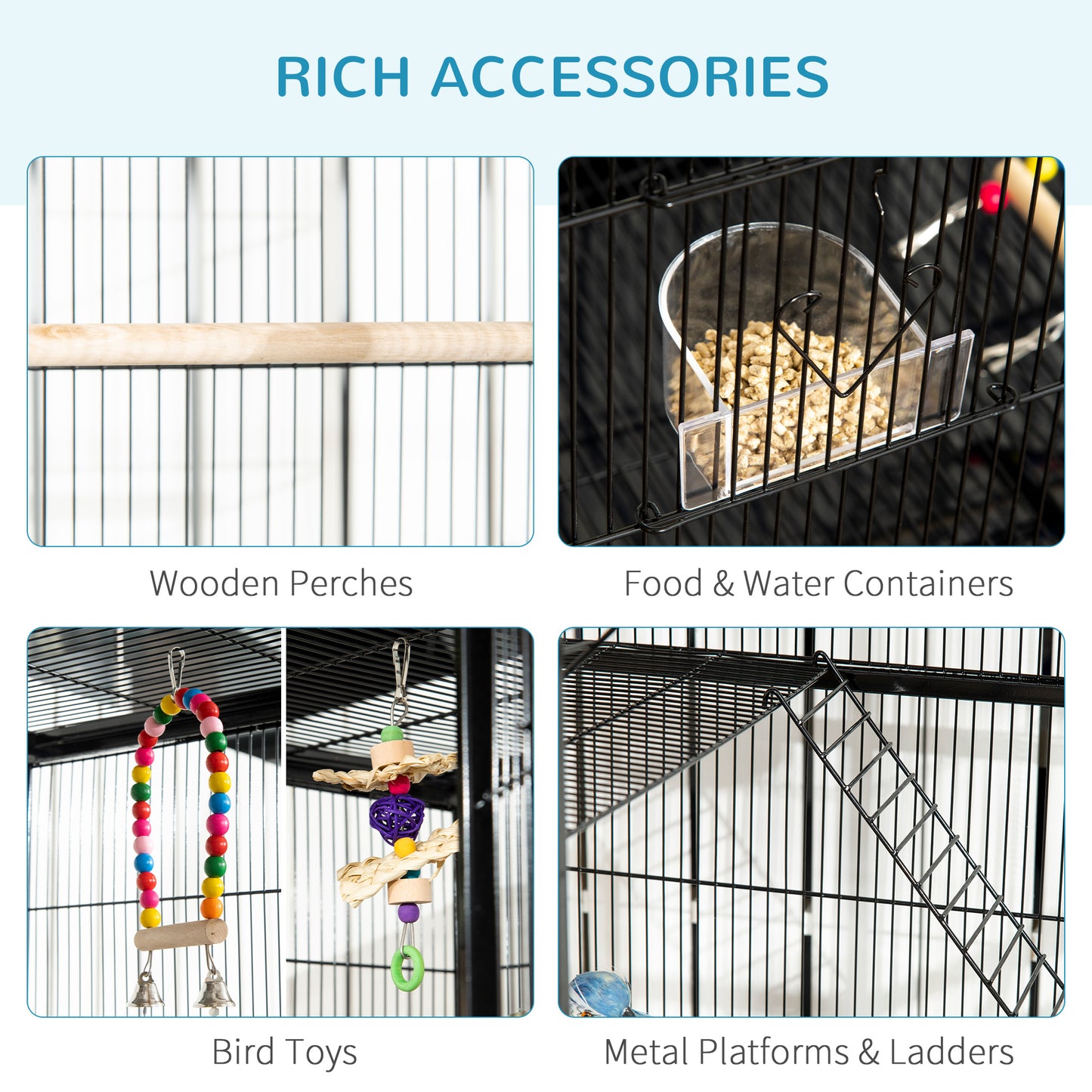 Cage à oiseaux avec roulettes, perchoirs, rampe, étagère de rangement, jouets pour canaris, pinsons, calopsittes et perruches, noire