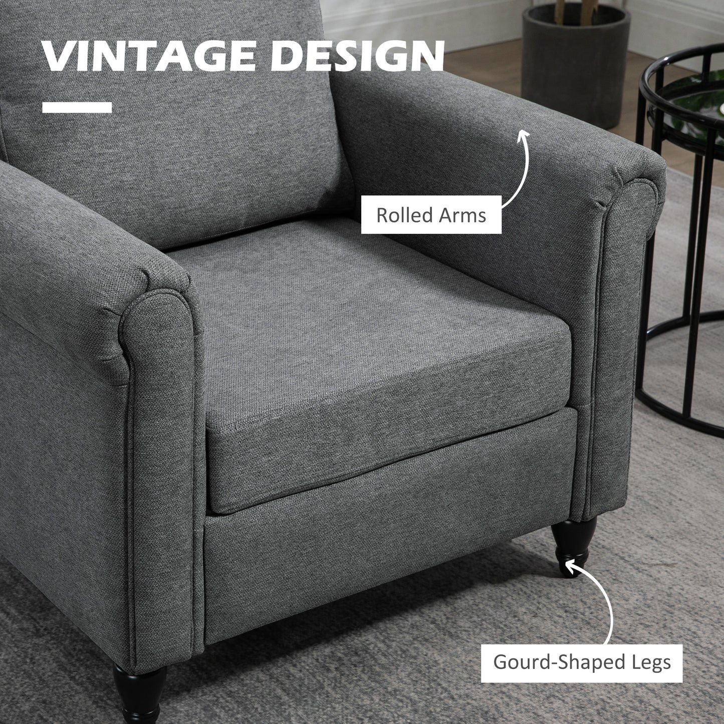 Fauteuil d'appoint rembourré avec accoudoirs, pieds en bois d'hévéa en forme de gourde, gris clair