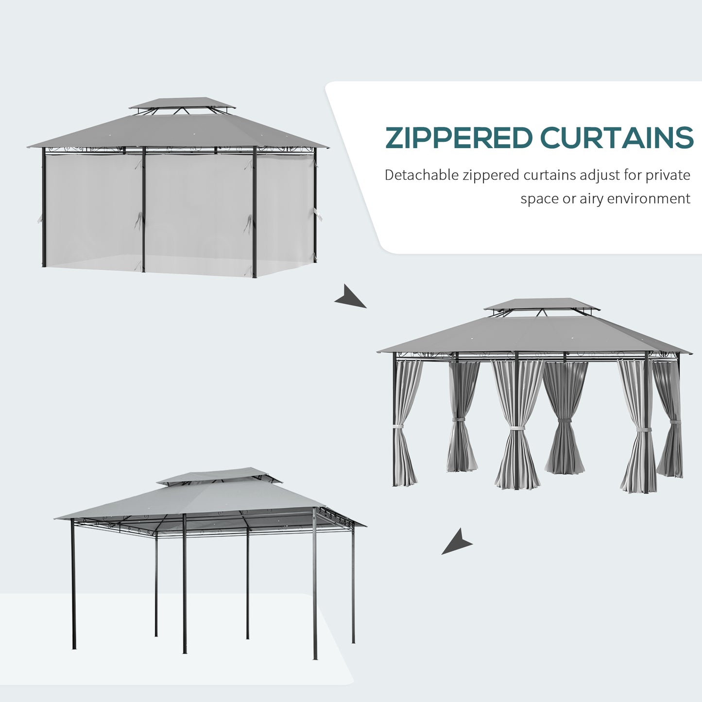 Gazebo 10' x 13', abri pare-soleil extérieur à 2 niveaux avec rideaux, gris foncé