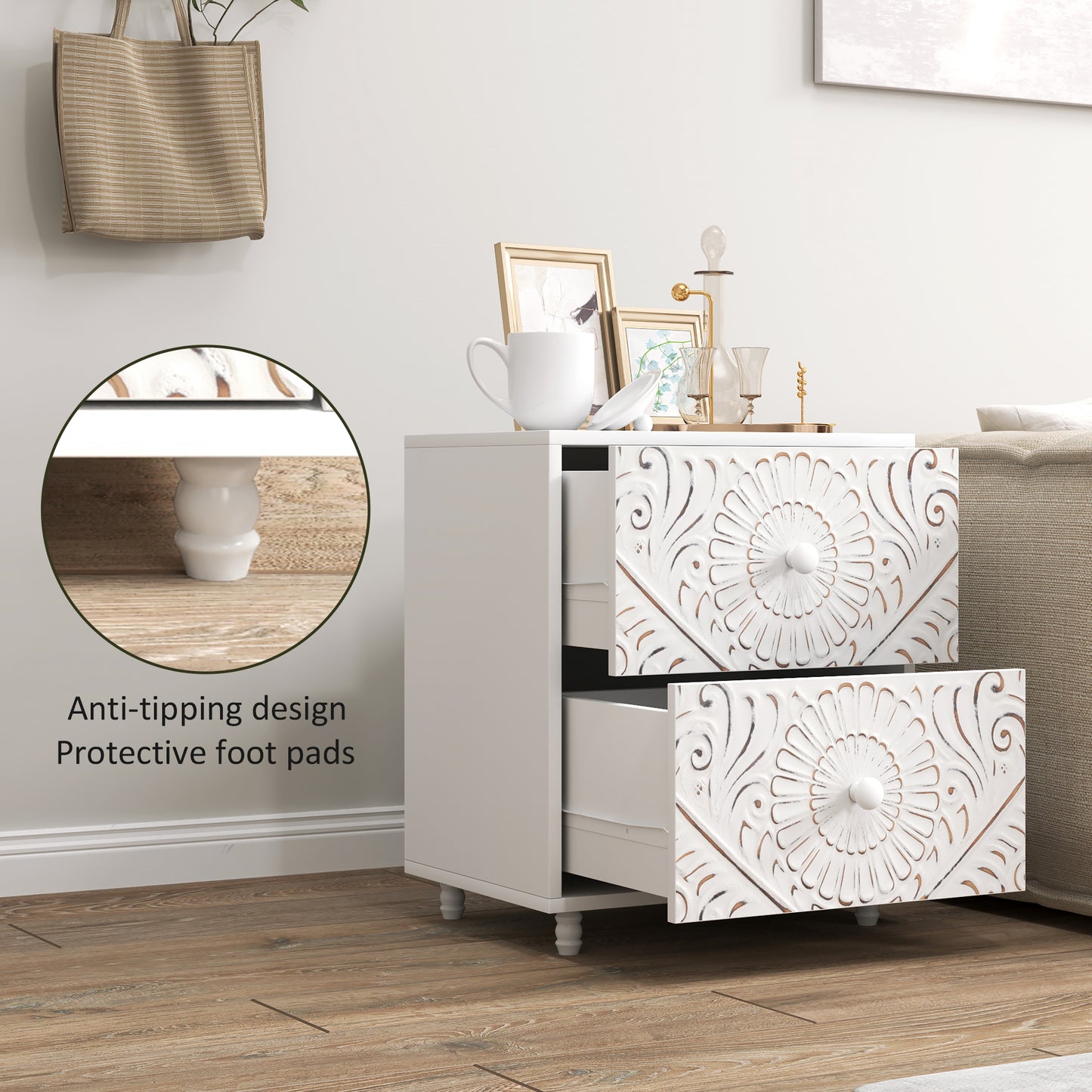 Table de chevet style milieu de siècle avec 2 tiroirs pour chambre à coucher, blanche