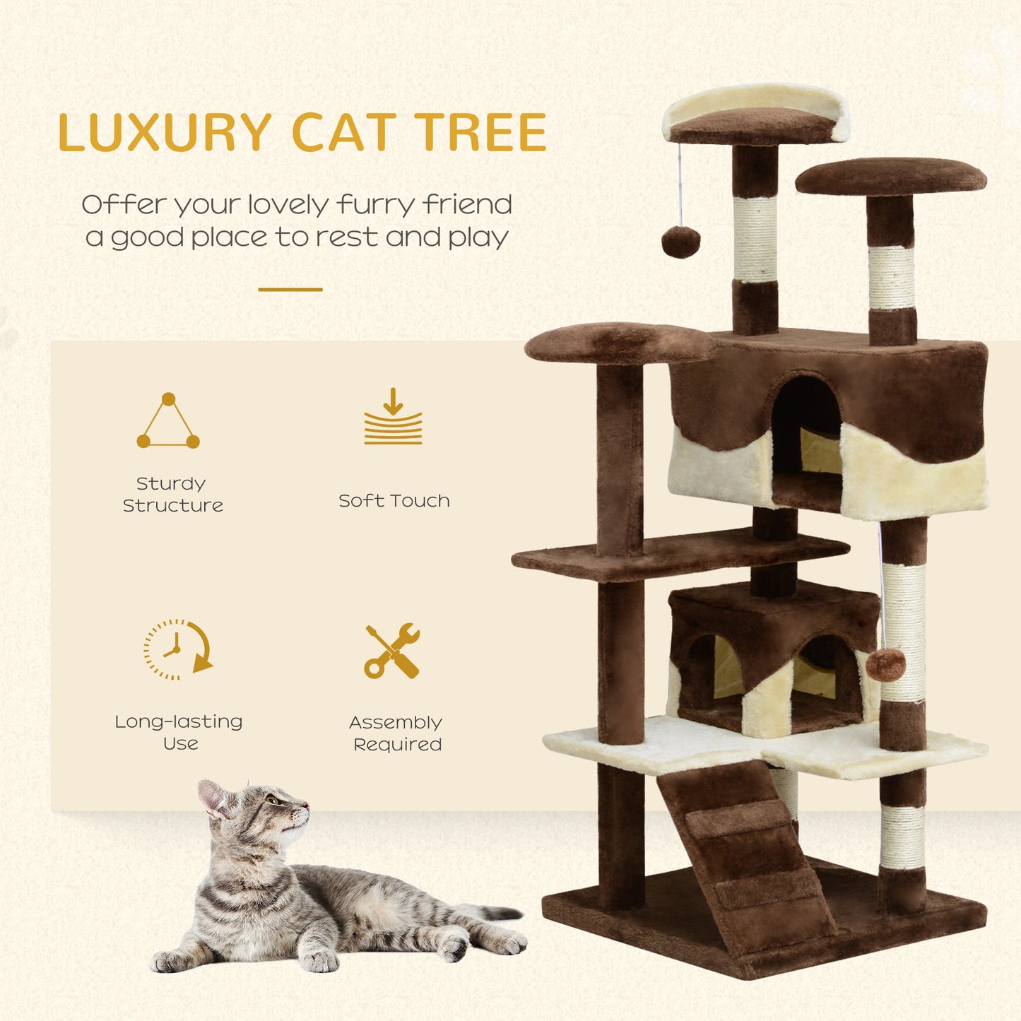 53" Cat Tree with Scratching Post, Large Multi-Level Kitten Playhouse