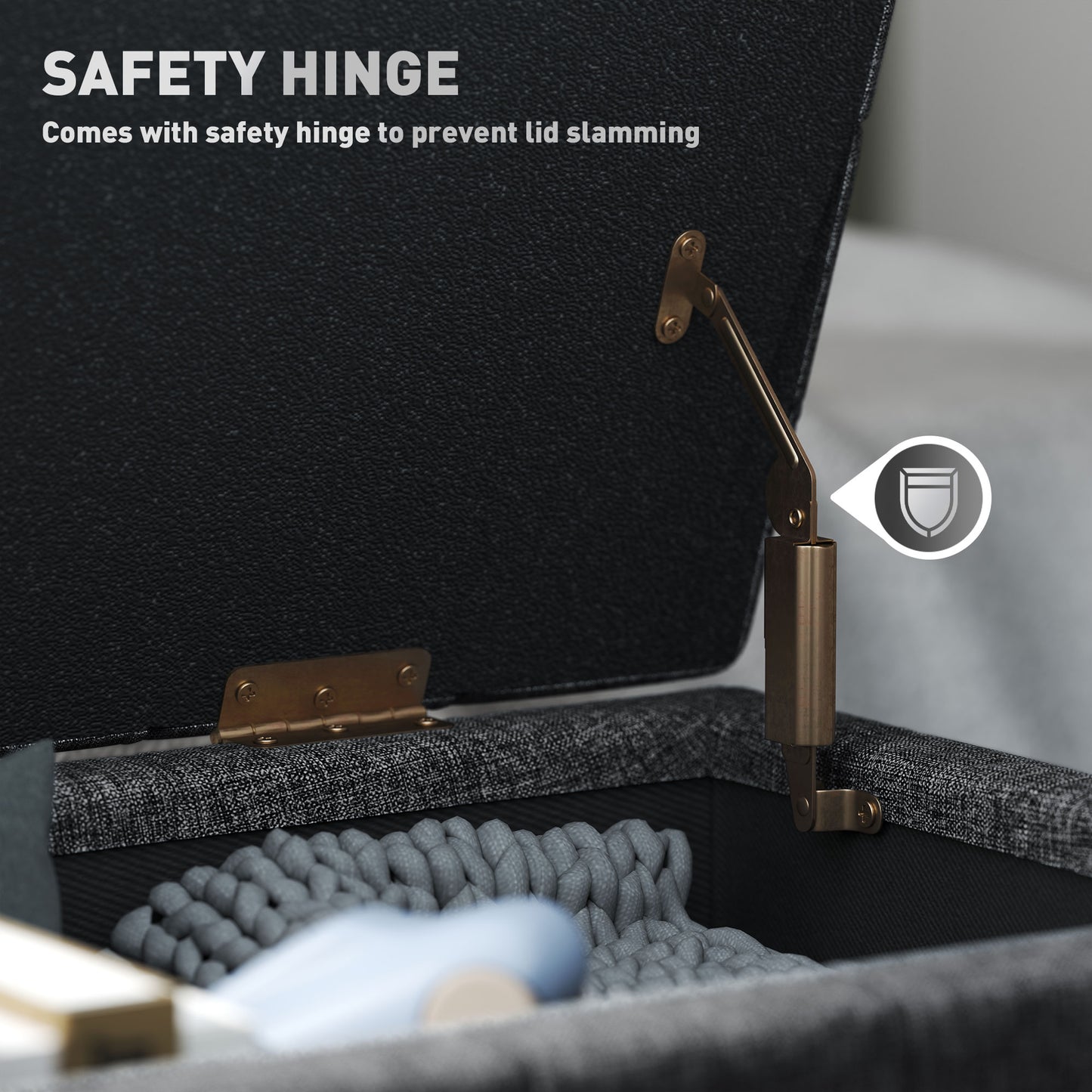 Pouf de rangement, banc de chevet en tissu lin avec capitonnage à boutons, gris