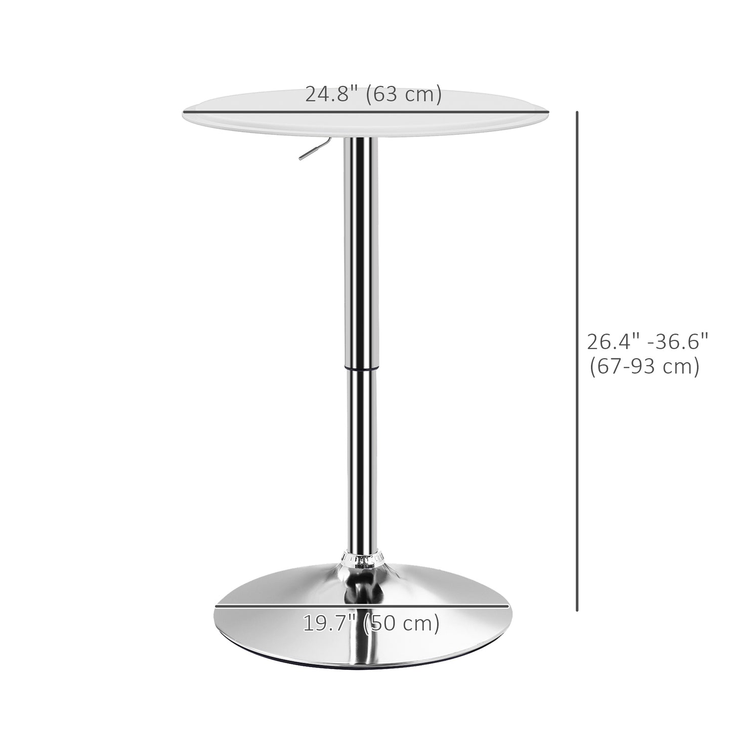 Table de bar ronde moderne réglable en hauteur, plateau en bois recouvert de similicuir, base chromée, blanc