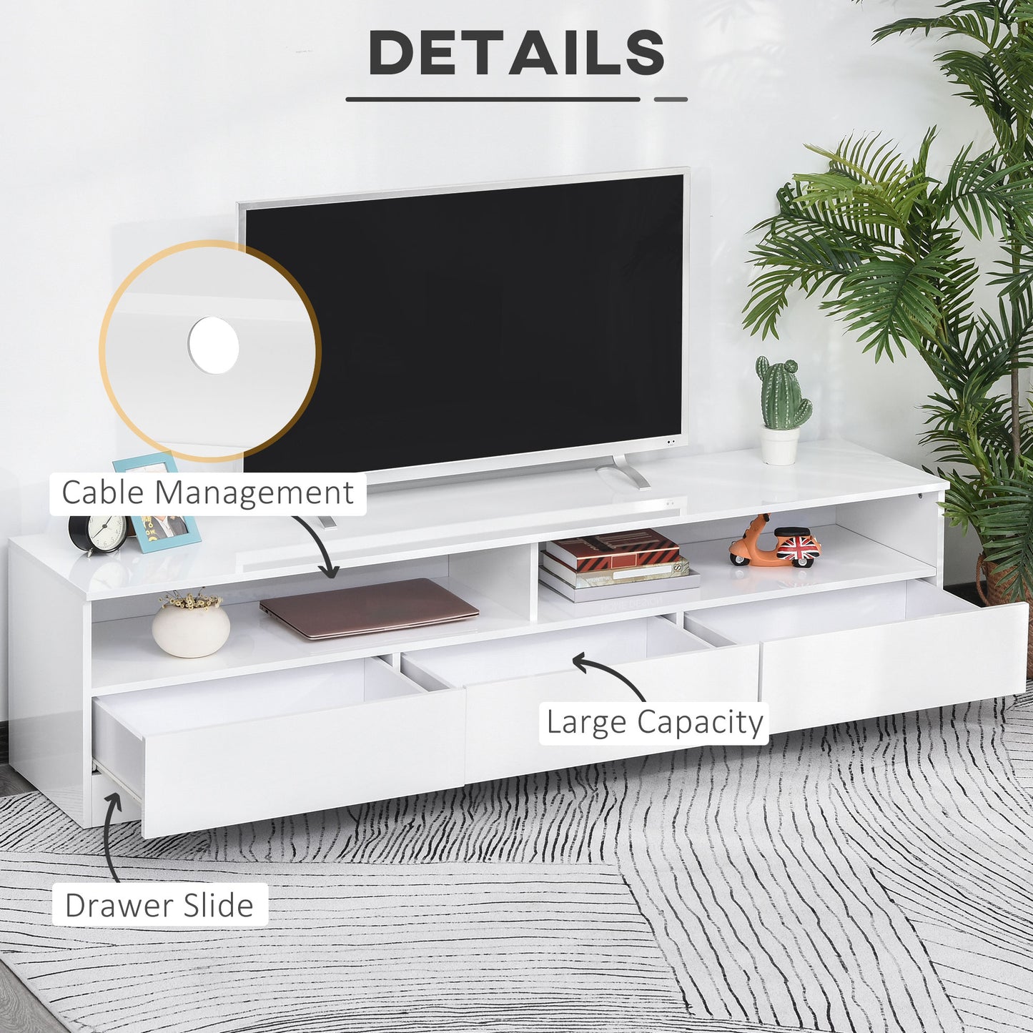 Meuble TV avec éclairage LED pour téléviseurs jusqu'à 75 pouces, blanc brillant