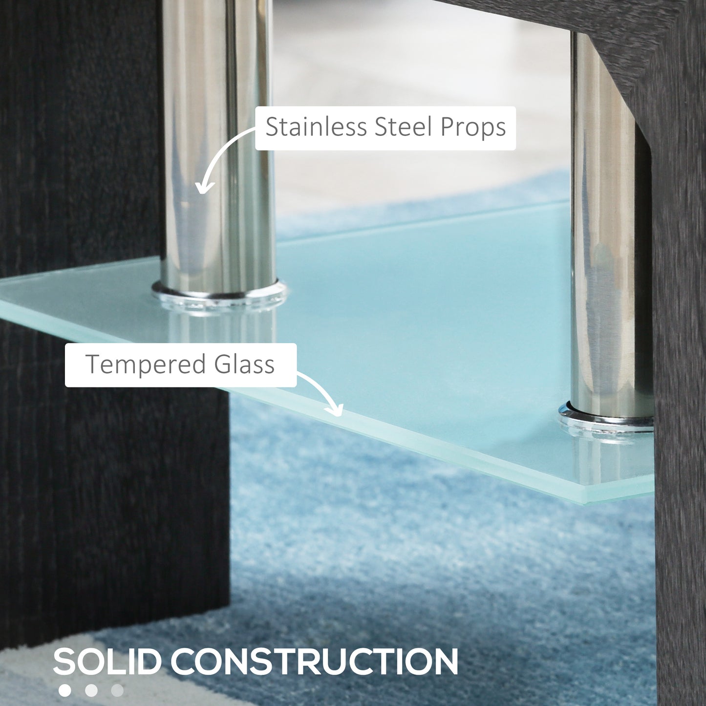 Table basse rectangulaire en verre avec plateau en verre trempé et étagère de rangement pour salon, gris