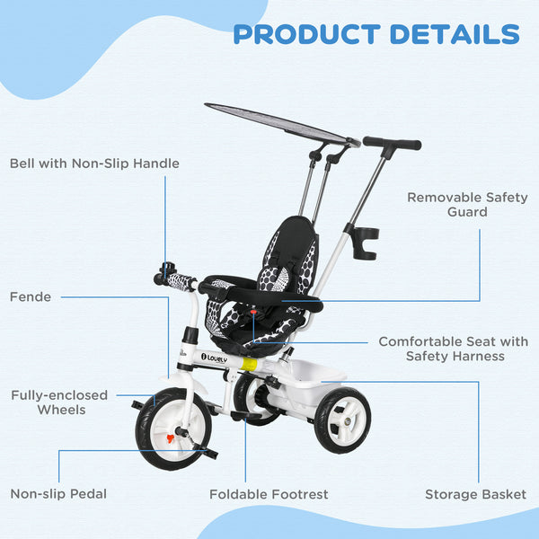 Tricycle pour enfants 6 en 1 avec guidon et auvent amovibles, blanc