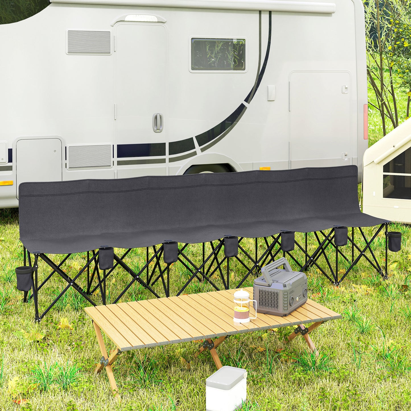 Chaise de camping pliante 6 places avec porte-gobelet et housse de transport pour camping, pique-nique et événements sportifs, gris foncé