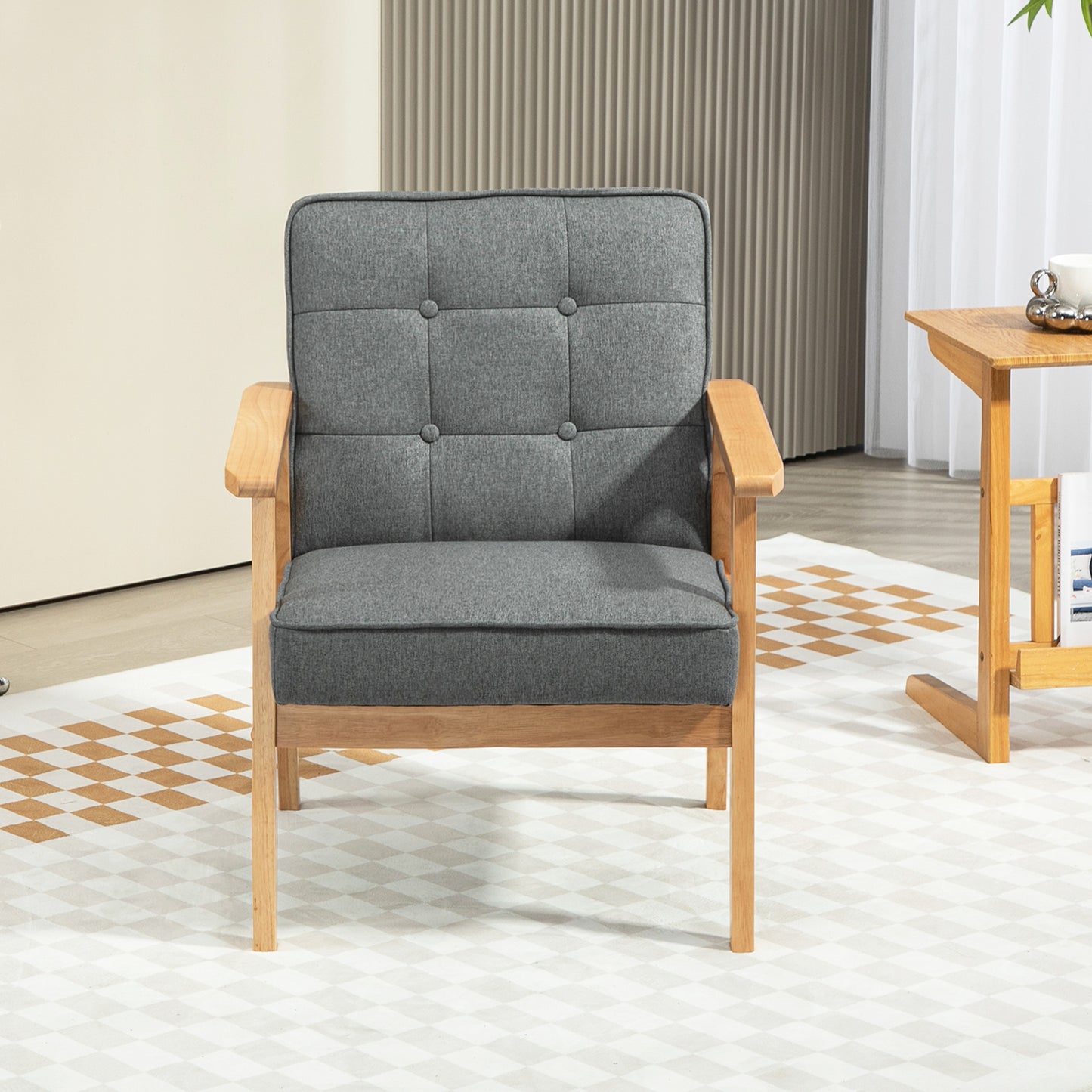 Fauteuil d'appoint moderne avec dossier capitonné, fauteuil en tissu et structure en bois massif pour chambre à coucher, gris