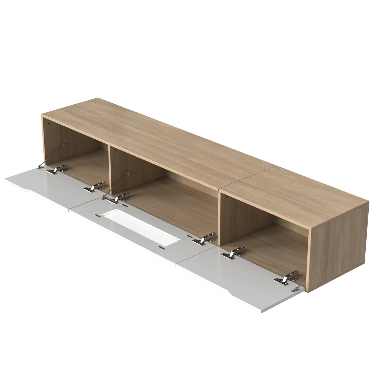 Meuble TV brillant avec éclairage LED, design moderne et options de montage polyvalentes, blanc et bois