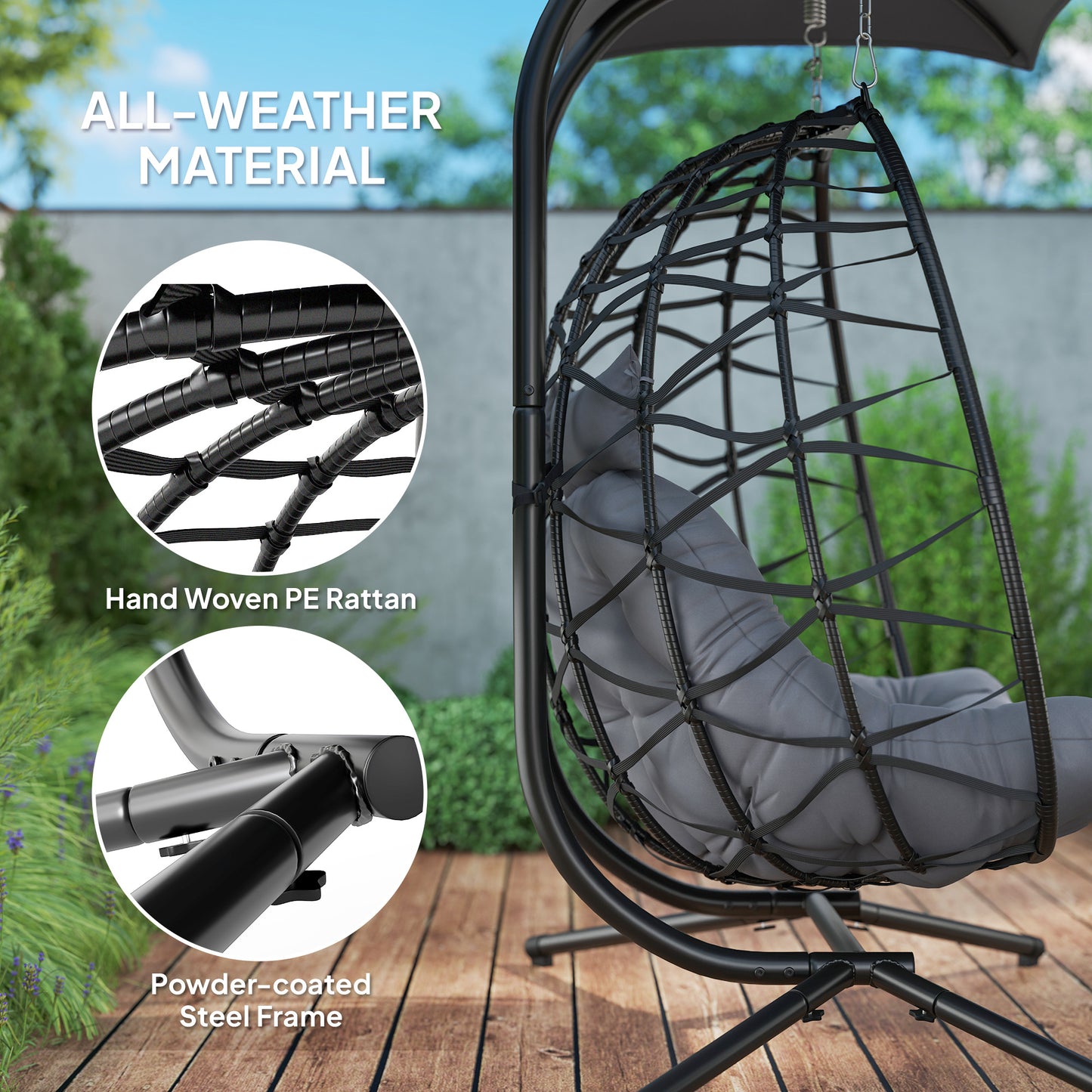 Outsunny Balancelle double en osier avec auvent, pliable et suspendue, avec appui-tête et coussin, noir