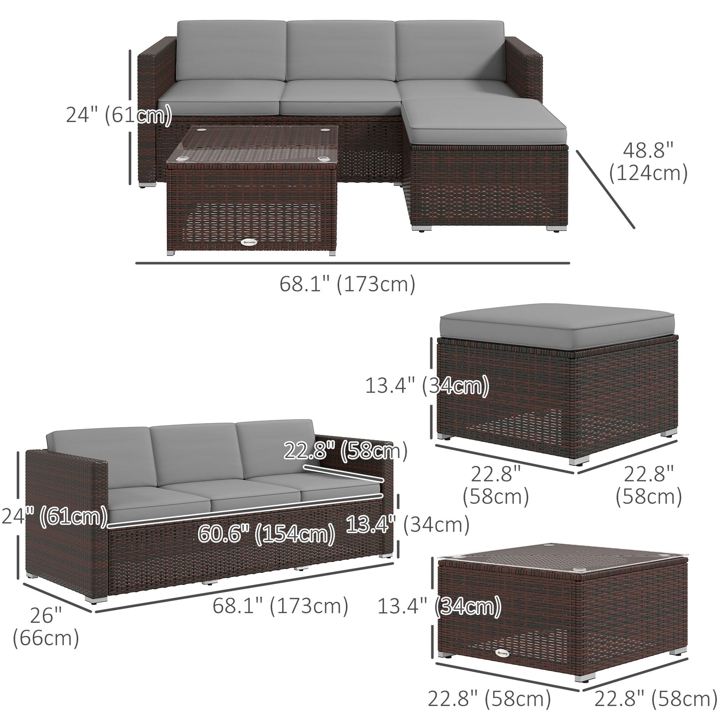 Garden furniture set with soft cushions, corner sofas, gray