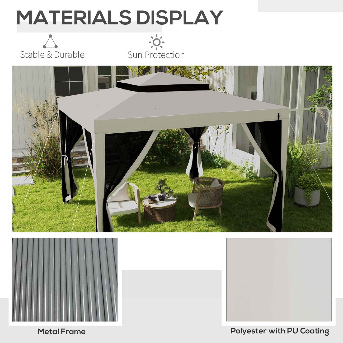 Outsunny 10' x 10' Gazebo with Mesh Netting and Two-Tier Roof for Garden, Patio, Cream White