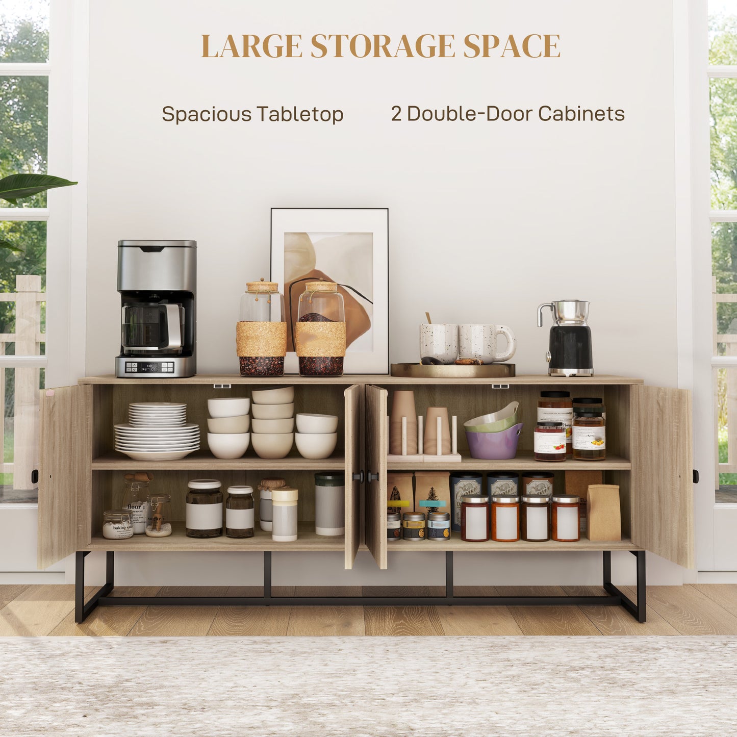 HOMCOM sideboard with 2 adjustable shelves and steel base, TV cabinet, bar cabinet for living room, oak