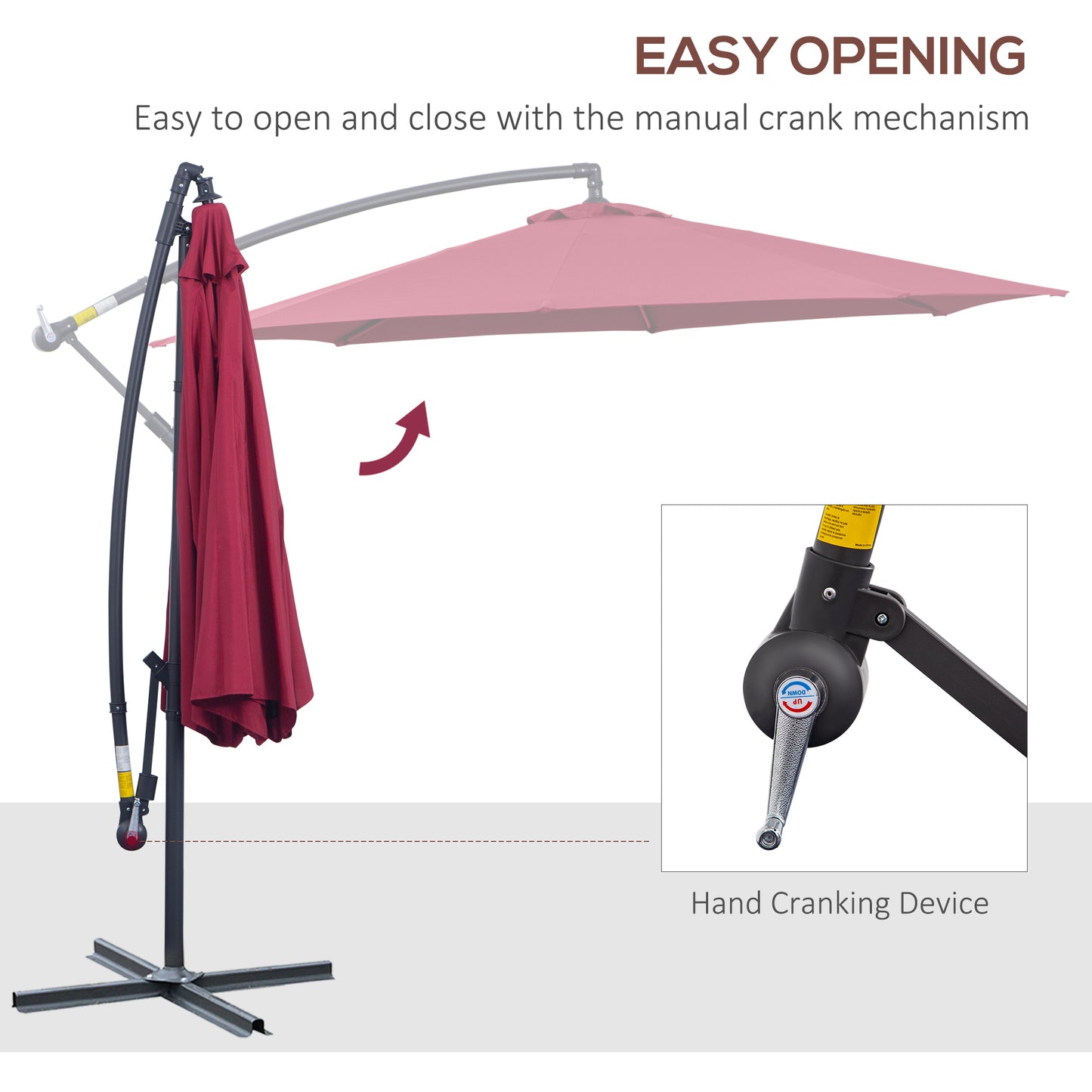 Outsunny Deluxe 10' Patio Umbrella, Offset Hanging Umbrella with Crank, Cross Base, Wine Red