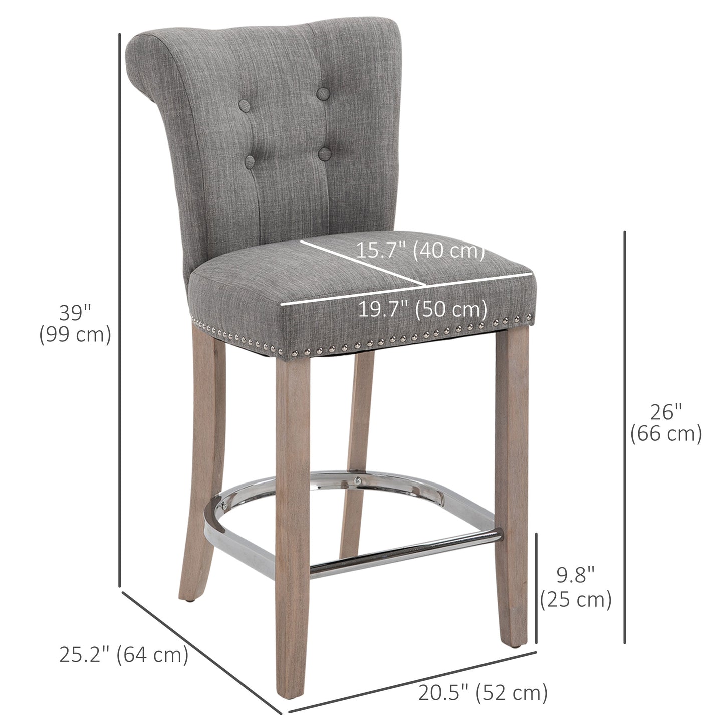 Set of 2 Upholstered Counter Height Bar Stools with Tufted Backrest, Wooden Legs and Footrest, Grey