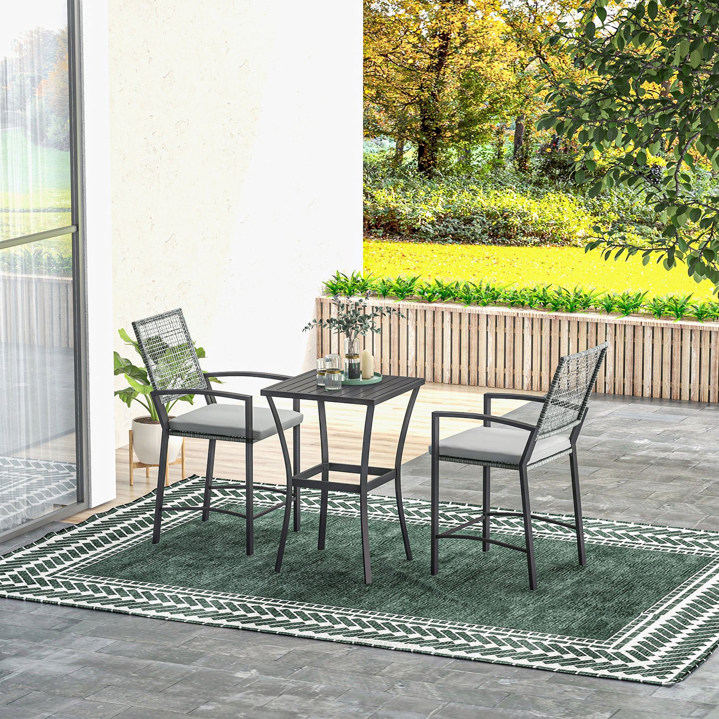 Ensemble table et chaises de bar en rotin 3 pièces avec coussins confortables