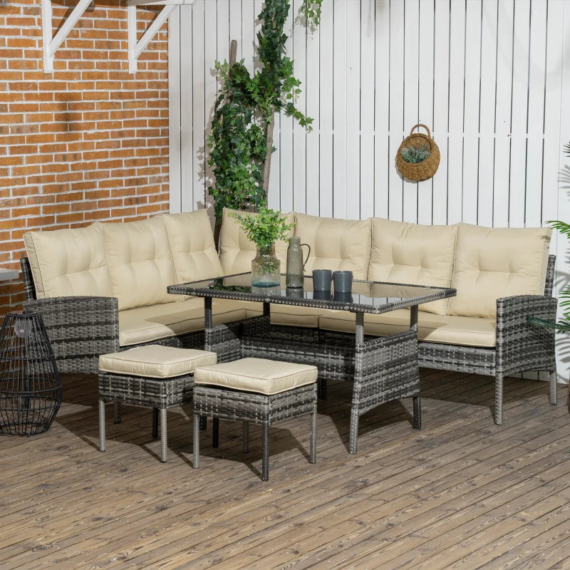Ensemble de salle à manger extérieur 6 pièces en rotin synthétique kaki avec coussins amovibles, table en verre, 2 poufs et table basse