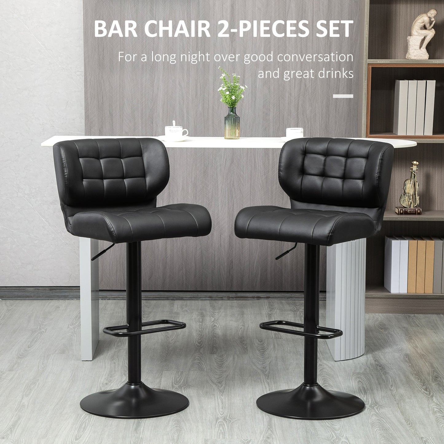 Set of 2 Adjustable Faux Leather Swivel Bar Stools with Footrest, Black