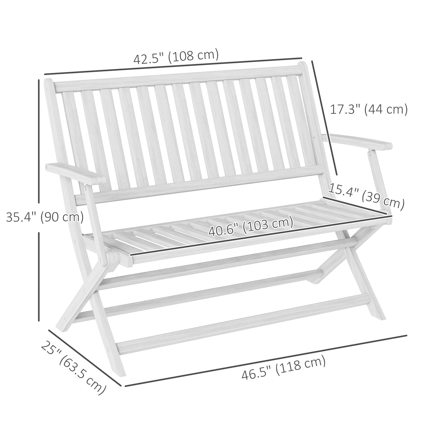 Banc d'extérieur pliable en bois avec dossier et accoudoirs, blanc