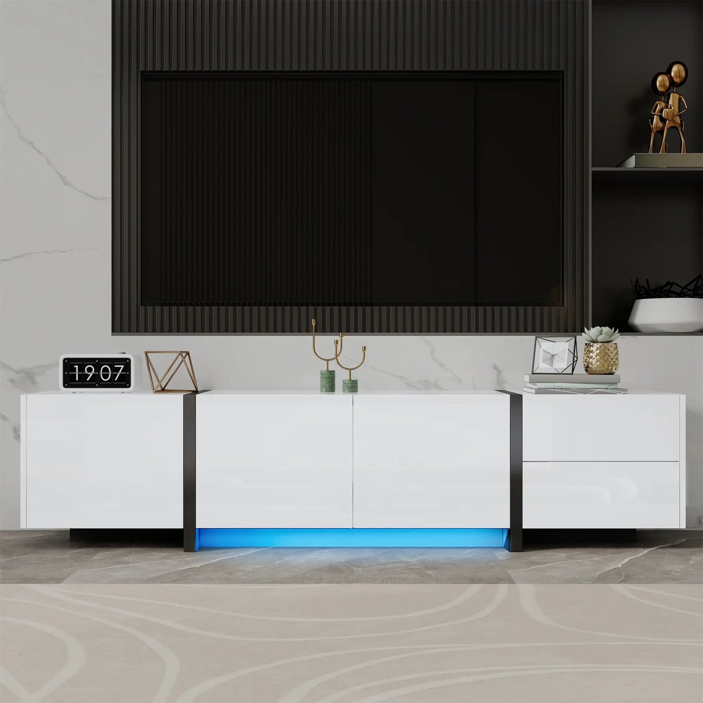 Meuble TV moderne avec finition brillante, grand espace de rangement avec tiroirs et armoires, blanc
