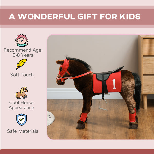 Horse to ride with neighing, saddle and stirrups, brown