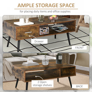 Table basse rétro avec étagère de rangement et tiroir, marron rustique