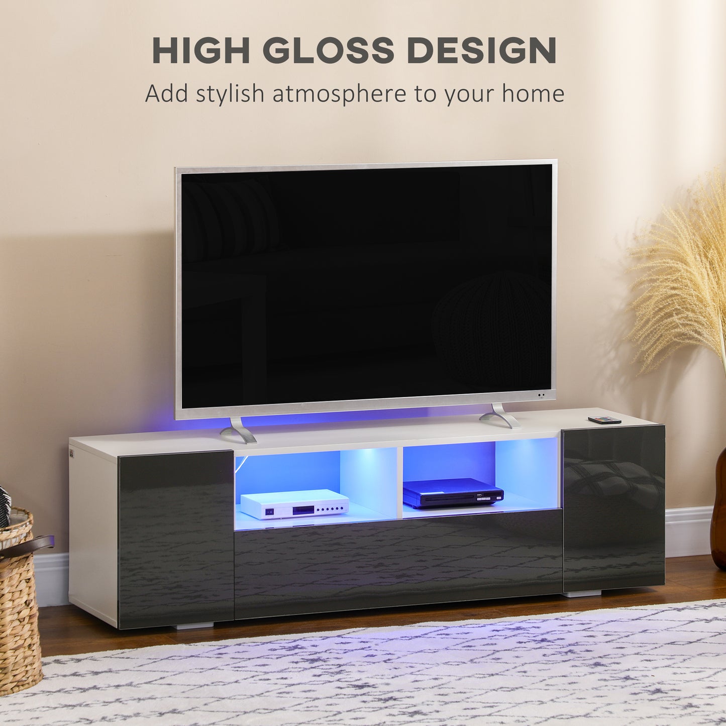 HOMCOM TV Stand for TVs up to 60 inches, with LED Lighting, Shelves and Storage Cupboards, 53.9 inches x 13.8 inches x 16.5 inches, Gray