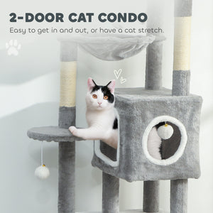 65-inch Cat Tree with 2 Doors, Plush Perch, Hammock, Sisal Scratching Posts, Grey