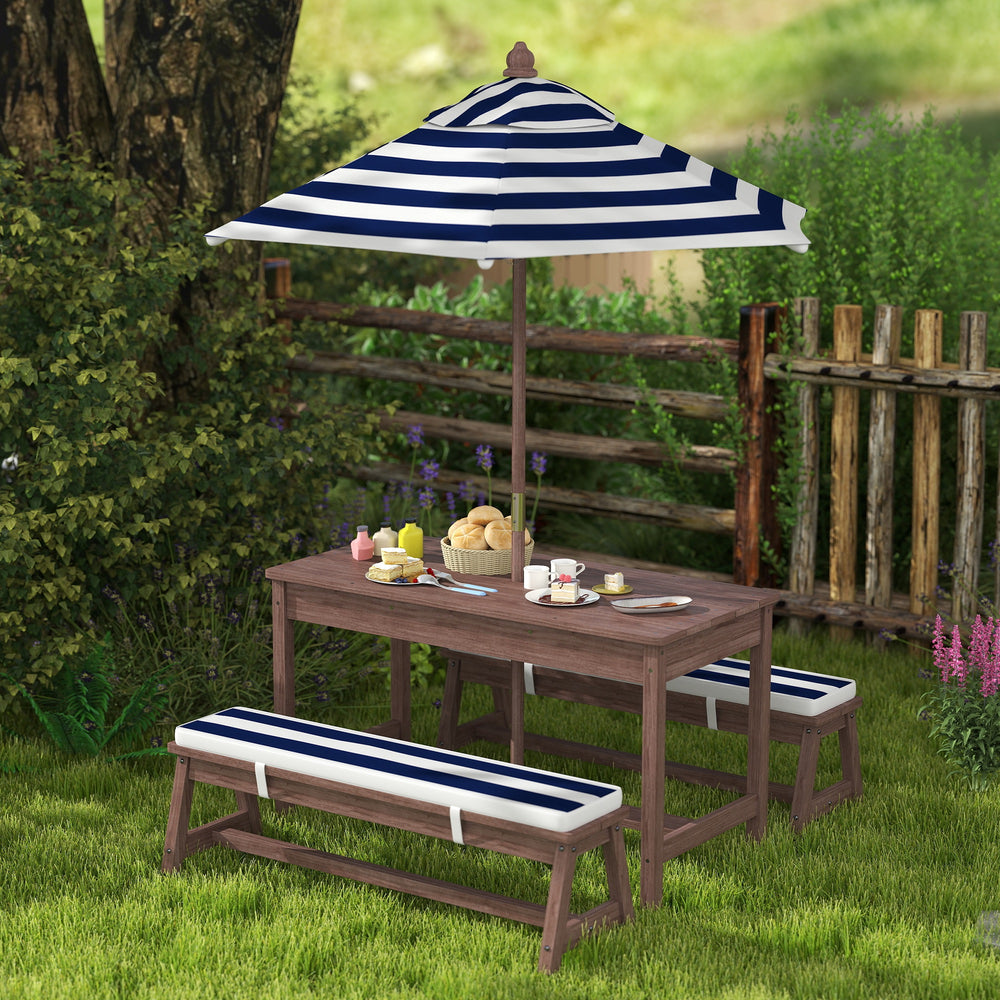 Ensemble table et banc de pique-nique en bois avec parasol amovible et coussins