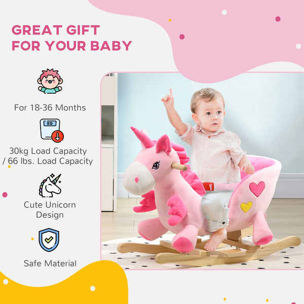 Rocking Unicorn with Songs, Wooden Base and Seat Belt, Pink