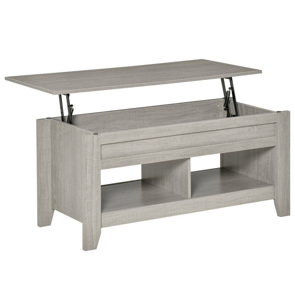 Table basse relevable gris clair avec compartiment de rangement dissimulé et étagères ouvertes pour salon