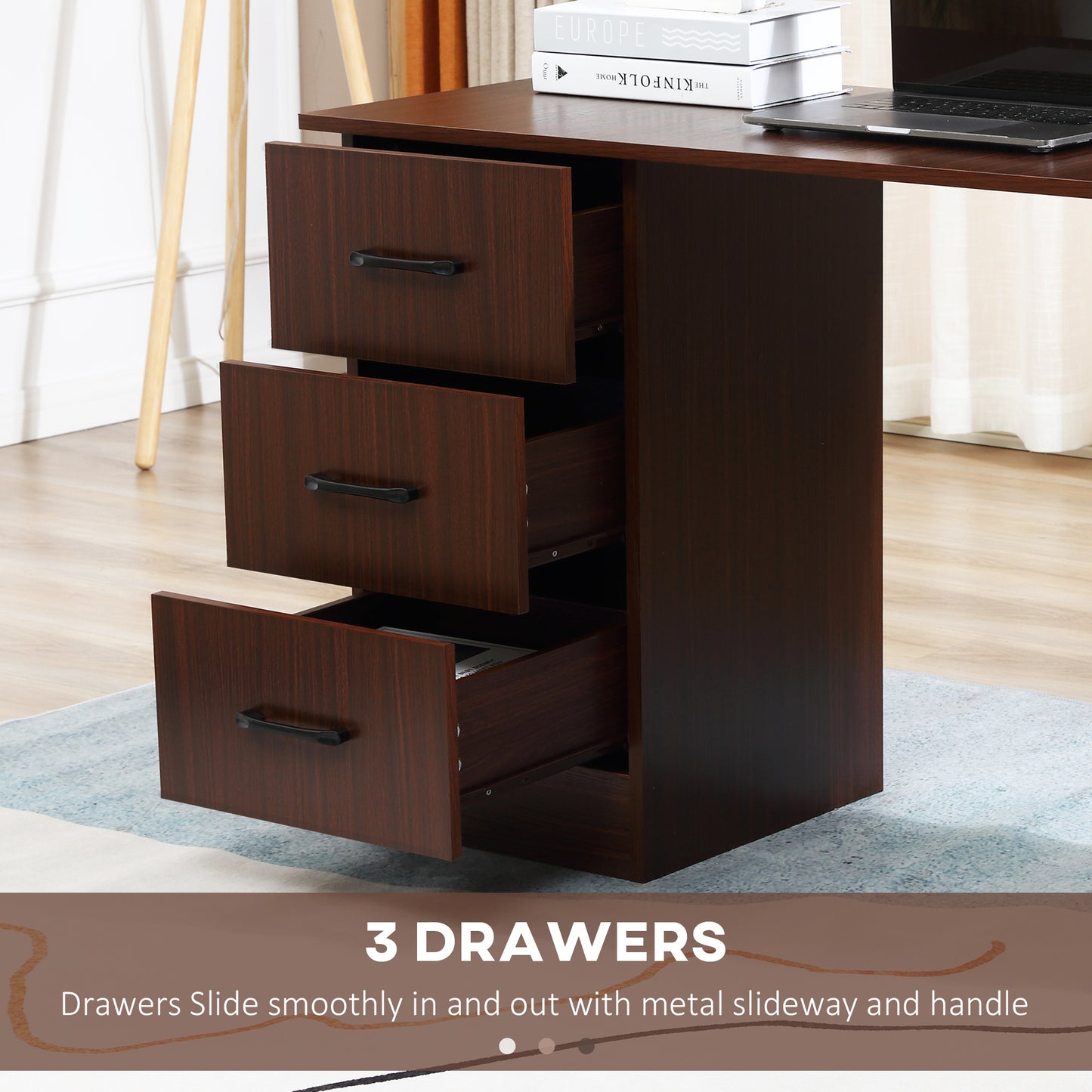 HOMCOM Computer Desk with 3-Tier Storage Shelves, 47-inch Home Office Desk with Drawers, Study and Writing Table, Walnut Color